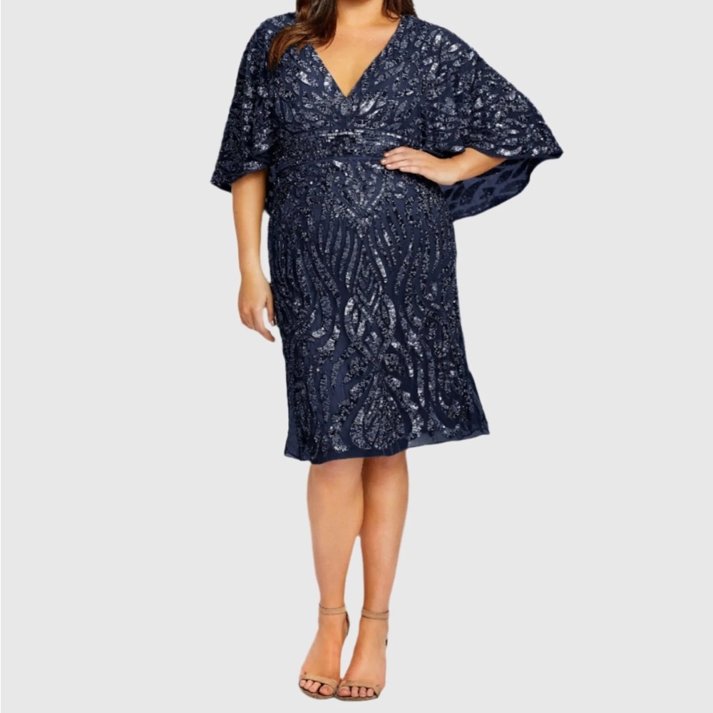 ✔️#28 BNWT MAC DUGGAL Elegant Navy Sequin Cape Dress #5191